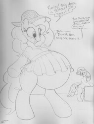 Size: 456x600 | Tagged: safe, artist:badgerben, pinkie pie, rarity, earth pony, pony, unicorn, clothes, dress, hyper pregnancy, pregnant, pregnant expansion