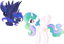 Size: 5000x3500 | Tagged: safe, artist:kp-shadowsquirrel, artist:yanoda, princess celestia, princess luna, alicorn, pony, absurd resolution, alternate hairstyle, duo, ethereal mane, female, flying, grin, mare, royal sisters, simple background, sisters, smiling, starry mane, younger