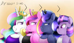 Size: 2244x1308 | Tagged: safe, artist:braffy, princess cadance, princess celestia, princess luna, twilight sparkle, twilight sparkle (alicorn), anthro, alicorn tetrarchy, big breasts, breasts, bust chart, female, princess breastia, size comparison, size difference