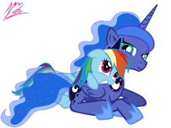 Size: 1600x1200 | Tagged: safe, artist:nightmaremoons, princess luna, rainbow dash, alicorn, pegasus, pony, duo, duo female, female, horn, mare, wings