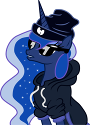 Size: 500x694 | Tagged: safe, artist:miketheuser, princess luna, alicorn, pony, clothes, dat butt, gangsta, headband, hoodie, meme, simple background, solo, sunglasses, wu tang clan