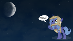 Size: 900x506 | Tagged: safe, princess luna, alicorn, pony, astronaut, cardboard box, dialogue, female, filly, moon, solo, woona