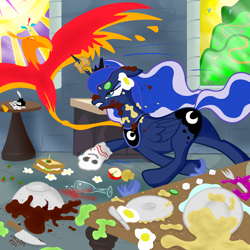 Size: 2000x2000 | Tagged: safe, artist:colgatefim, philomena, princess luna, alicorn, pony, angry, chase, exclamation point, floppy ears, flying, glare, gritted teeth, high res, messy, running, turmoil