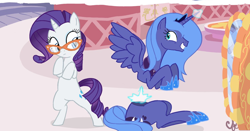 Size: 1200x628 | Tagged: safe, artist:thelivingmachine02, edit, princess luna, rarity, alicorn, pony, unicorn, clothes, corset, glasses, luna module, meme, modular, practical joke, rarity's glasses, s1 luna, wat