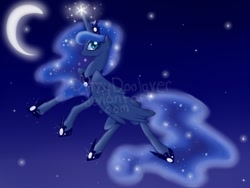 Size: 900x675 | Tagged: safe, artist:ditzydoolover, princess luna, alicorn, pony, crescent moon, flying, night, solo, transparent moon, watermark