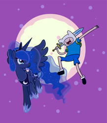 Size: 3000x3451 | Tagged: safe, artist:miketheuser, princess luna, human, adventure time, crossover, duo, finn the human, high res, moon, show accurate, sword, weapon