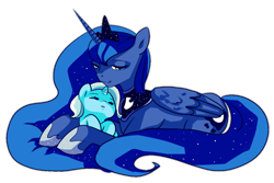 Size: 1200x800 | Tagged: dead source, safe, artist:lupreia, princess luna, trixie, alicorn, pony, cuddling, cute, filly, foal, hug, lidded eyes, maternaluna, prone, simple background, smiling, snuggling, transparent background, younger