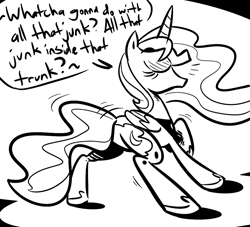 Size: 880x800 | Tagged: source needed, safe, artist:tess, princess luna, alicorn, pony, black eyed peas, butt shake, dancing, eyes closed, female, mare, monochrome, moonbutt, open mouth, plot, raised hoof, singing, sketch, smiling, solo