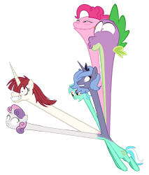 Size: 1768x2079 | Tagged: safe, lyra heartstrings, pinkie pie, princess luna, spike, sweetie belle, oc, oc:fausticorn, alicorn, chimera, dragon, earth pony, pony, abomination, body horror, derp, faic, hydra pony, lauren faust, long neck, lunaughty, multiple heads, mutant, nightmare fuel, nope, s1 luna, six heads, wat, we have become one, what has science done, you need me