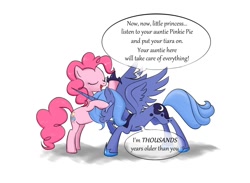 Size: 1464x1073 | Tagged: safe, artist:true-amateur, pinkie pie, princess luna, alicorn, pony, crown, dialogue, duo, eyes closed, hoof shoes, i'm a year older than you, jewelry, regalia, s1 luna, simple background, speech bubble, tiara, white background