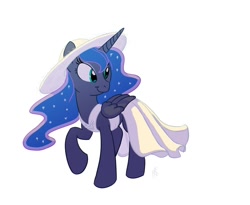 Size: 976x800 | Tagged: safe, artist:carnifex, princess luna, alicorn, pony, clothes, dress, hat, raised hoof, simple background, solo