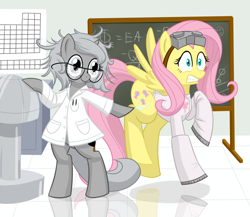 Size: 800x694 | Tagged: safe, artist:dstears, fluttershy, princess luna, alicorn, pegasus, pony, bipedal, clothes, crossover, cute, dr adorable, glasses, goggles, lab coat, laboratory, moonstuck, science, science woona, tumblr crossover, woona