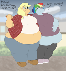 Size: 2310x2500 | Tagged: safe, artist:lupin quill, applejack, rainbow dash, equestria girls, amplejack, appledash, applefat, applerack, bare midriff, bbw, belly, belly button, belly grab, big belly, big breasts, breasts, chubby cheeks, clothes, dialogue, fat, fat fetish, female, fetish, food, hot dog, jeans, lesbian, meat, morbidly obese, obese, open mouth, pants, plaid, rainblob dash, rainboob dash, rolls of fat, sausage, shipping, shirt, shoes, ssbbw, stuffed, thighs, thunder thighs, wardrobe malfunction, wide hips