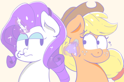 Size: 1024x675 | Tagged: safe, artist:braffy, applejack, rarity, earth pony, pony, unicorn, blonde mane, duo, female, horn, mare, orange coat, purple mane, white coat