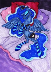 Size: 800x1129 | Tagged: safe, artist:dragonfly, princess luna, alicorn, pony, bed, clothes, sleeping, socks, solo, striped socks, traditional art