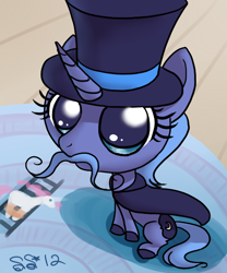 Size: 500x600 | Tagged: safe, artist:alipes, princess luna, alicorn, pony, cute, doll, hat, magician, moustache, solo, woona