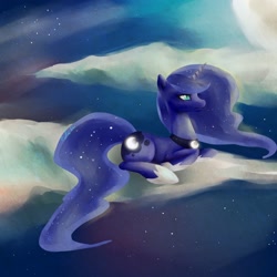 Size: 2000x2000 | Tagged: safe, artist:edahi, princess luna, alicorn, pony, cloud, cloudy, high res, night, prone, solo