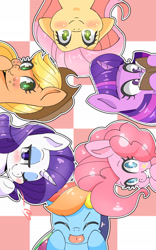 Size: 1195x1920 | Tagged: safe, artist:braffy, applejack, fluttershy, pinkie pie, rainbow dash, rarity, twilight sparkle, earth pony, pegasus, pony, unicorn, blush sticker, blushing, book, checkered background, colored pupils, cute, eyes closed, glasses, heart, looking at you, mane six, one eye closed, tongue out, wink