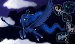 Size: 5700x3300 | Tagged: safe, artist:blondiegurl1129, baby moondancer, princess luna, oc, oc:candlelight, oc:magpie, oc:night light, oc:wind whisper, alicorn, pony, children of the night, leapfrog, leapfrog:math circus, math circus