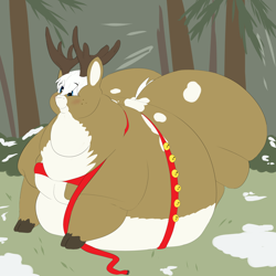 Size: 2500x2500 | Tagged: safe, artist:lupin quill, oc, oc only, oc:chester fhianna, deer, reindeer, antlers, bell, belly, bhm, big belly, bingo wings, blushing, butt, chubby cheeks, cloven hooves, fat, fat fetish, fetish, freckles, harness, large butt, male, morbidly obese, near immobile, obese, outdoors, plot, rolls of fat, snow, solo, tack, tree, unshorn fetlocks