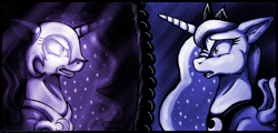 Size: 1024x492 | Tagged: safe, artist:inuhoshi-to-darkpen, nightmare moon, princess luna, alicorn, pony, duality, mirror, sad, scared