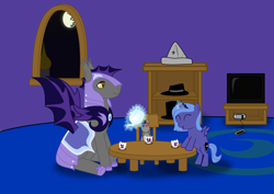 Size: 2000x1412 | Tagged: safe, artist:secret-asian-man, princess luna, smarty pants, alicorn, pony, cute, filly, night guard, tea party, woona