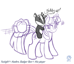 Size: 1614x1394 | Tagged: safe, artist:badgerben, twilight sparkle, badger, pony, unicorn, annoyed, boxing glove, female, frown, giddy up, looking back, magic, mare, riding, this will end in pain