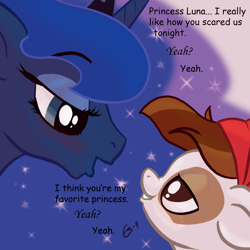 Size: 900x900 | Tagged: safe, artist:gavalanche, pipsqueak, princess luna, alicorn, earth pony, pony, luna eclipsed, bedroom eyes, black background, blushing, colt, comic sans, eye contact, female, floppy ears, grin, lidded eyes, looking at each other, lunapip, male, mare, scene interpretation, shipping, simple background, smiling, straight, text