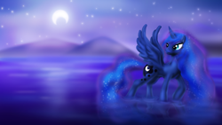 Size: 1920x1080 | Tagged: safe, artist:zedrin, princess luna, alicorn, pony, moon, night, solo, stars, wallpaper, water