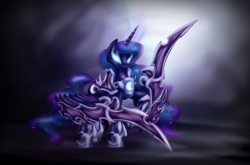 Size: 2048x1350 | Tagged: safe, artist:zedrin, princess luna, alicorn, pony, armor, crossover, glowing eyes, league of legends, nocturne, solo, sword, warrior luna