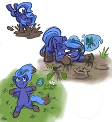 Size: 644x700 | Tagged: safe, artist:robd2003, princess luna, alicorn, pony, comic, cute, dirty, filly, grass, magic, moon-fall, mud, on back, playing, solo, woona, younger