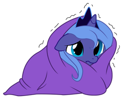 Size: 600x491 | Tagged: safe, artist:jessy, artist:kooner-cz, princess luna, alicorn, pony, baby, baby luna, baby pony, blanket, cold, cute, filly, shivering, simple background, solo, trying to stay warm, woona, younger