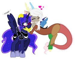 Size: 900x716 | Tagged: dead source, safe, artist:jaquelindreamz, discord, eris, prince artemis, princess luna, alicorn, draconequus, pony, arteris, blushing, female, lunacord, male, pomf, rule 63, shipping, simple background, spread wings, straight, wingboner, wings