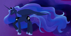 Size: 1280x653 | Tagged: dead source, safe, artist:joellethenose, princess luna, alicorn, pony, eyes closed, female, jewelry, mare, night, obtrusive watermark, raised hoof, regalia, signature, sky, solo, standing, stars, watermark