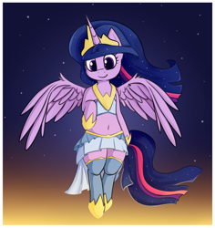 Size: 3060x3240 | Tagged: safe, artist:andelai, princess twilight 2.0, twilight sparkle, twilight sparkle (alicorn), alicorn, pony, semi-anthro, the last problem, belly button, clothes, crown, female, hoof shoes, jewelry, looking at you, mare, midriff, peytral, regalia, smiling, solo, stockings, thigh highs, zettai ryouiki
