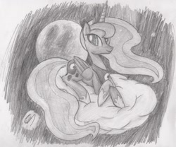 Size: 2850x2376 | Tagged: safe, artist:greeny-nyte, princess luna, alicorn, pony, cloud, high res, monochrome, prone, solo, traditional art