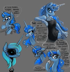 Size: 975x1000 | Tagged: safe, artist:kabukihomewood, princess luna, alicorn, anthro, pony, anthro with ponies, black sclera, blushing, clothes, cute, dress, ethereal mane, filly, hoof on chin, hoof shoes, little black dress, loony luna, speech bubble, starry mane, text, woona