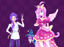 Size: 1800x1327 | Tagged: safe, artist:s0901, princess luna, rarity, star swirl the bearded, twilight sparkle, luna eclipsed, bow, clothes, deleted scene, dress, glasses, gloves, humanized, measuring tape, pants, pinkluna, rarity's glasses, scissors, shirt, what could have been