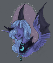 Size: 492x587 | Tagged: dead source, safe, artist:plumbruise, princess luna, alicorn, pony, bust, female, jewelry, looking away, mare, portrait, profile, s1 luna, solo, spread wings, three quarter view, wings