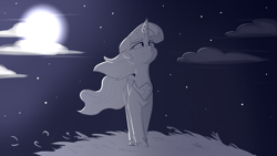 Size: 1920x1080 | Tagged: safe, artist:andelai, twilight sparkle, twilight sparkle (alicorn), alicorn, pony, crying, female, grass, immortality blues, jewelry, mare, monochrome, moon, regalia, sad, solo, stars