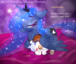 Size: 1024x870 | Tagged: safe, artist:gavalanche, pipsqueak, princess luna, alicorn, pony, bed, comic sans, cute, date night, eyes closed, female, lunapip, male, shipping, sleeping, sparkles, straight, wing blanket