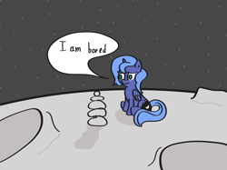 Size: 13495x10090 | Tagged: safe, artist:joemasterpencil, princess luna, alicorn, pony, absurd resolution, banishment, bored, cute, dialogue, moon, partial color, pile, rock, s1 luna, sitting, solo, space, speech, woona