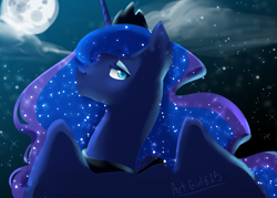 Size: 900x643 | Tagged: safe, artist:artgirl615, princess luna, alicorn, pony, cloud, female, looking at you, mare, moon, night, solo