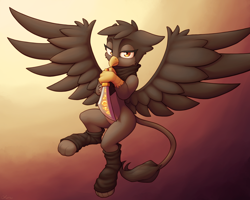 Size: 3000x2400 | Tagged: safe, artist:ohemo, oc, oc only, griffon, abstract background, bandana, female, flying, griffon oc, leg warmers, looking at you, solo, spread wings, sword, weapon, wings