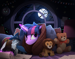 Size: 2350x1840 | Tagged: safe, artist:yakovlev-vad, star swirl the bearded, twilight sparkle, alicorn, big cat, lion, unicorn, cute, eye clipping through hair, female, glowing eyes, glowing horn, golden oaks library, horn, magic, mare, mare in the moon, moon, night, pillow, pillow fort, quill, scroll, shadow creature, stuffed animals, teddy bear, telekinesis, twiabetes, writing