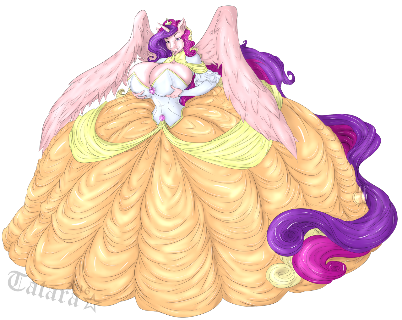 252113 - suggestive, artist:blues64, artist:tatara94, color edit, edit,  princess cadance, alicorn, anthro, air nozzle, ass, big breasts, breasts,  cleavage, clothes, colored, crown, dress, female, gem, gown, horn, huge  breasts, huge butt, huge