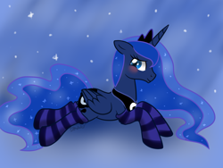 Size: 900x677 | Tagged: safe, artist:maplesunrise, princess luna, alicorn, pony, blushing, clothes, socks, solo, striped socks