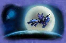 Size: 1000x655 | Tagged: safe, artist:willdrawforfood1, nightmare moon, princess luna, alicorn, pony, duality, flying, moon, s1 luna