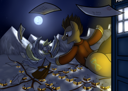 Size: 4500x3200 | Tagged: safe, artist:badgerben, derpy hooves, doctor whooves, pegasus, pony, absurd resolution, christmas, doctor who, female, full moon, mail, mailbag, mare, moon, night, plot, tardis