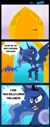 Size: 590x1509 | Tagged: safe, artist:pandadox, princess luna, alicorn, pony, bathroom, comic, doctor orpheus, door, flying, glare, open mouth, potty, potty time, spread wings, taco, the venture bros., traditional royal canterlot voice, wide eyes